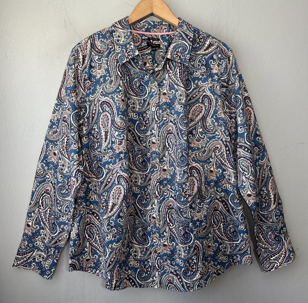 Talbots Button Up Shirt Plus Size 16W Blue Wrinkle Resistant Paisley Office Prep